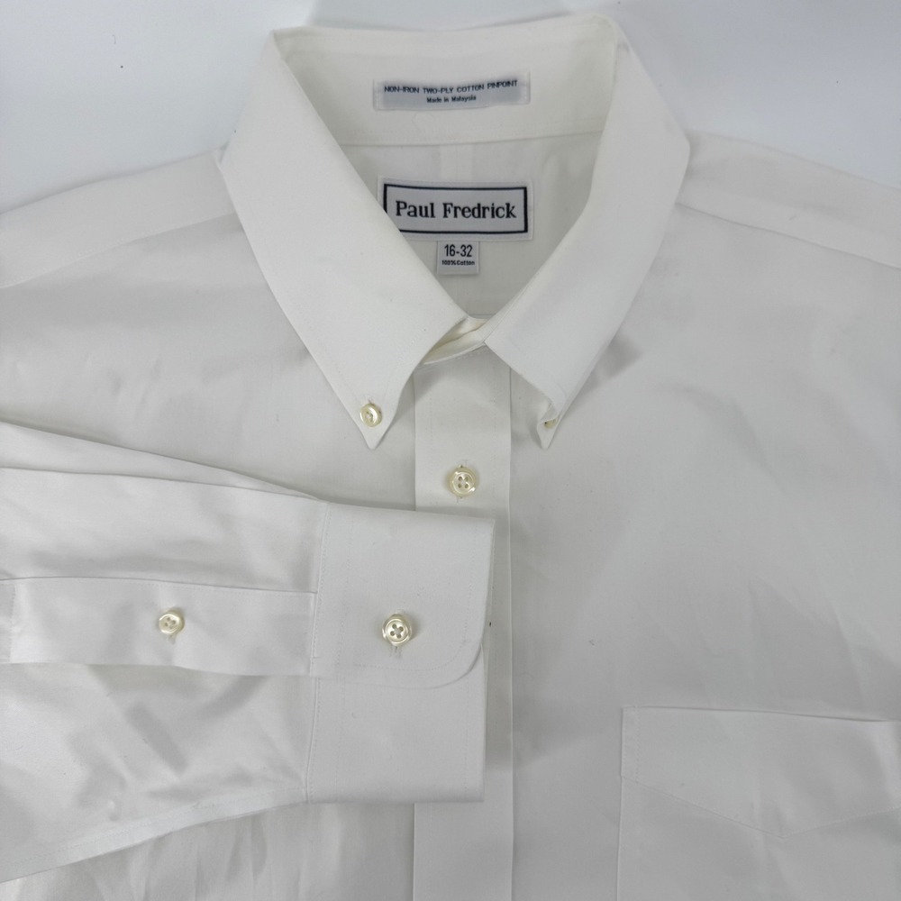 Paul Fredrick Mens L 16 White Non Iron Cotton Pinpoint Button Down Dress‎ Shirt